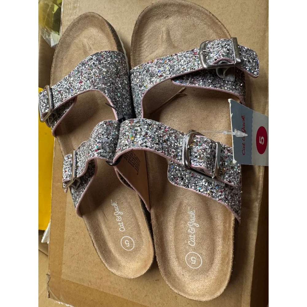 Cat & Jack Slide Sandals Girls Size 5 Multi-Color Glitter NWT Double Strap Buckl